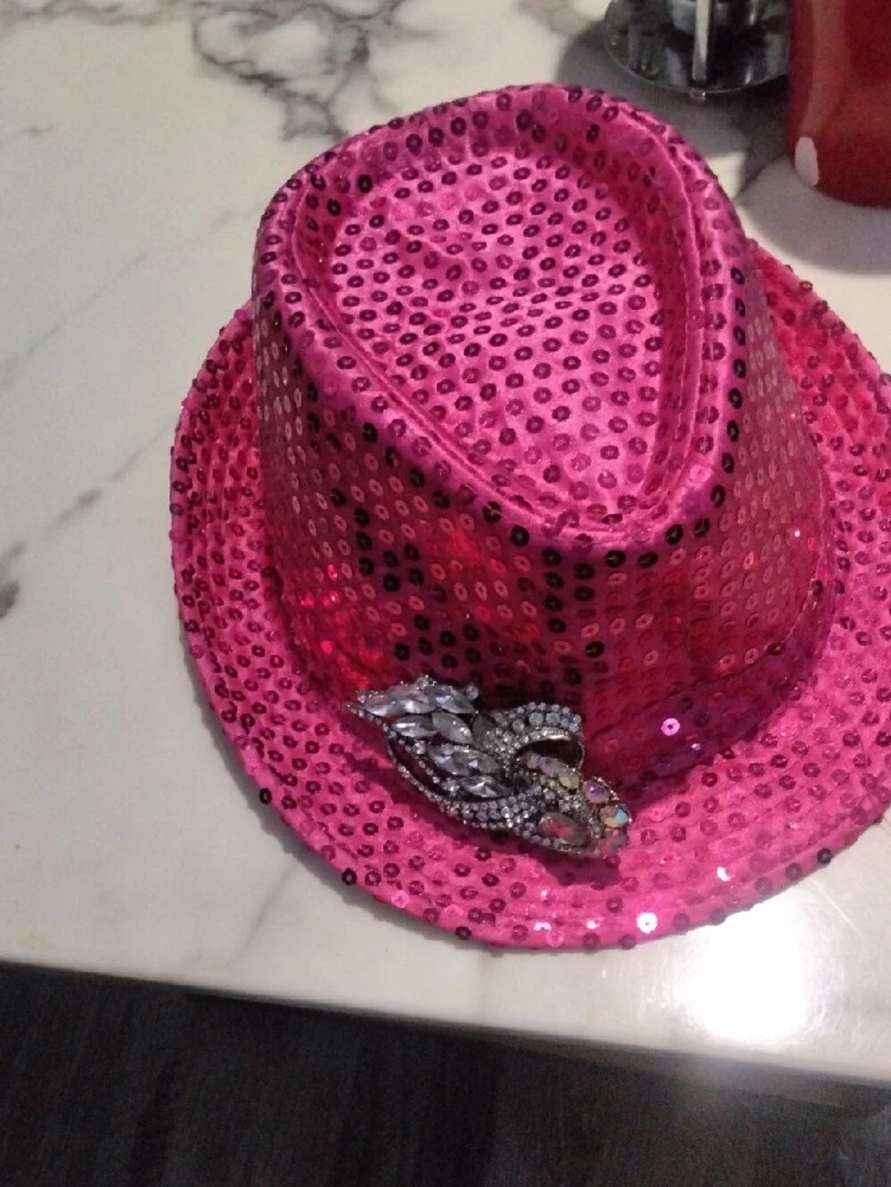 Pink Sequin Fedora Hat with Decorative Brooch